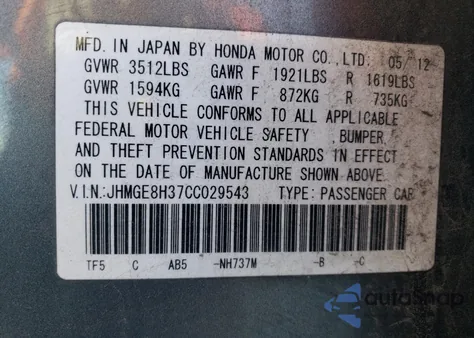 2012 Honda Fit z USA, uszkodzony, nr VIN JHMGE8H37CC029543